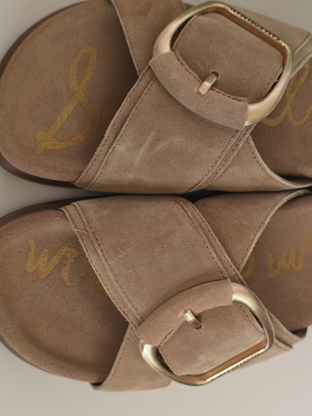 Sam Edelman Taupe Suede Slide Sandals with Gold Buckles